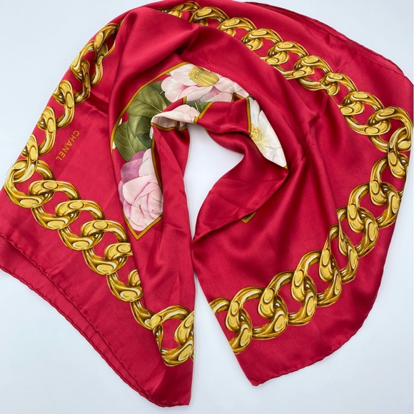 CHANEL Accessories - 426. CHANEL CC Red White Camellia Silk Square Scarf